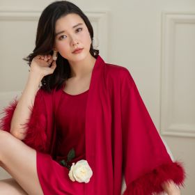 Women's Ice Silk Feather Pajamas Two Piece Set (Option: Red-XL)