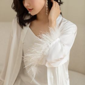 Women's Ice Silk Feather Pajamas Two Piece Set (Option: White-XL)