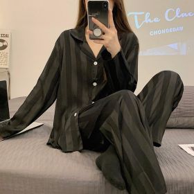 Women's Ice Silk Long Sleeve Home Pajama Set (Option: Black jacquard-2XL)