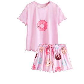 Cute Printed Pajamas Women's Short-sleeved Shorts Suit (Option: Pink 2-XL)