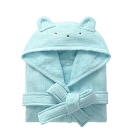 Children's Bathrobes Cotton Towel Material Nightgown Long Sleeve (Option: Water Blue-S)