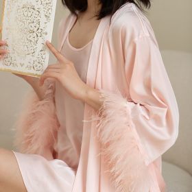 Women's Ice Silk Feather Pajamas Two Piece Set (Option: Pink-M)