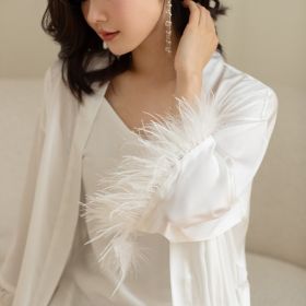 Women's Ice Silk Feather Pajamas Two Piece Set (Option: White-M)