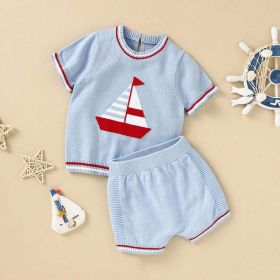 Baby Boy Embroidered Graphic Striped Neck & Sleeve Design Tee Combo Shorts Sailor Style Sets (Size/Age: 80 (9-12M))