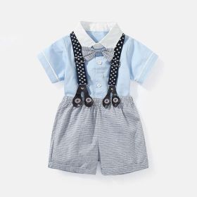 Baby Boy Solid Color Single Breasted Design Onesies With Bow Tie Combo Striped Overalls Shorts Sets (Size/Age: 90 (12-24M))