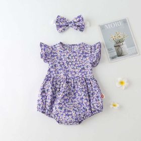 Baby Girl Floral Print Onesies With Headband In Summer Outfit Wearing (Size/Age: 73 (6-9M))