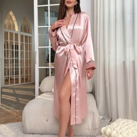 Long Ice Silk Robe Summer Thin Fashion Simple Homewear Lady Sexy Cardigan Bathrobe (Option: Lotus Root Pink-S)